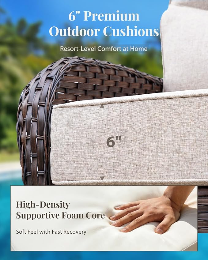 Luxury Patio Furniture Set with 6" Thick Cushions, High Back Outdoor Rocking Chairs and 3-seat Sofa, 5 Pcs All Weather Conversation Set for Porch Deck Poolside Yard (Beige)