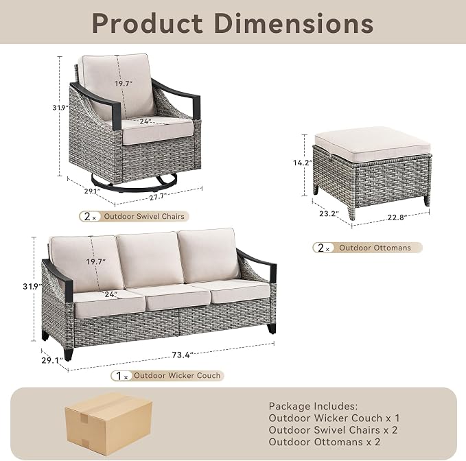Outdoor Patio Furniture Set-5 Pieces All-Weather Wicker Outdoor Furniture with High Back Wicker Swivel Patio Chairs Outdoor Patio Conversation Sets for Garden Porch Deck Grey/Beige