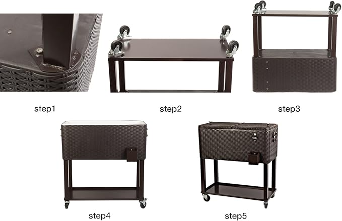 HIO 80 Qt Outdoor Patio Cooler Table On Wheels, with Shelf, Dark Brown Wicker