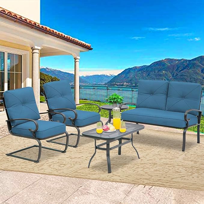 Incbruce 5 Piece Wrought Iron Patio Furniture Set Metal Outdoor Conversation Sets (Loveseat, Coffee Table and Bistro Table, 2 Spring Chair) with Cushion (Peacock Blue)