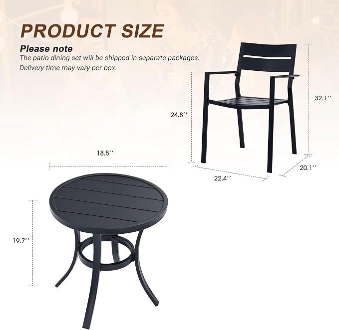 VICLLAX Patio 3 Pieces Outdoor Bistro Side Table Dining Set, Small Patio End Table Round Coffee Table and 2 Stackable Metal Chairs for Lawn,Garden,Porch,Black/Brown