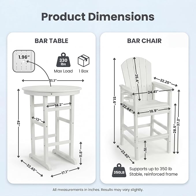 3-Piece White Counter Height Bar Dining Set with 1.96-inch Center Hole, 42.1" HDPE Indoor/Outdoor Round Bar Table with 2 Bar Stools, All-Weather Patio Bistro Set for Deck, Balcony, Poolside & Coastal