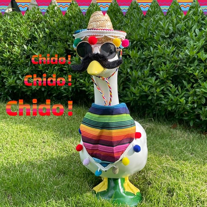 9pcs Mexican Porch Goose Outfit,Lawn Goose Statue Costume | for 17"/23" Statue Patio Lawn Garden Decoration,with Mexican Sombrero Bandana Scarf Beard Glasses