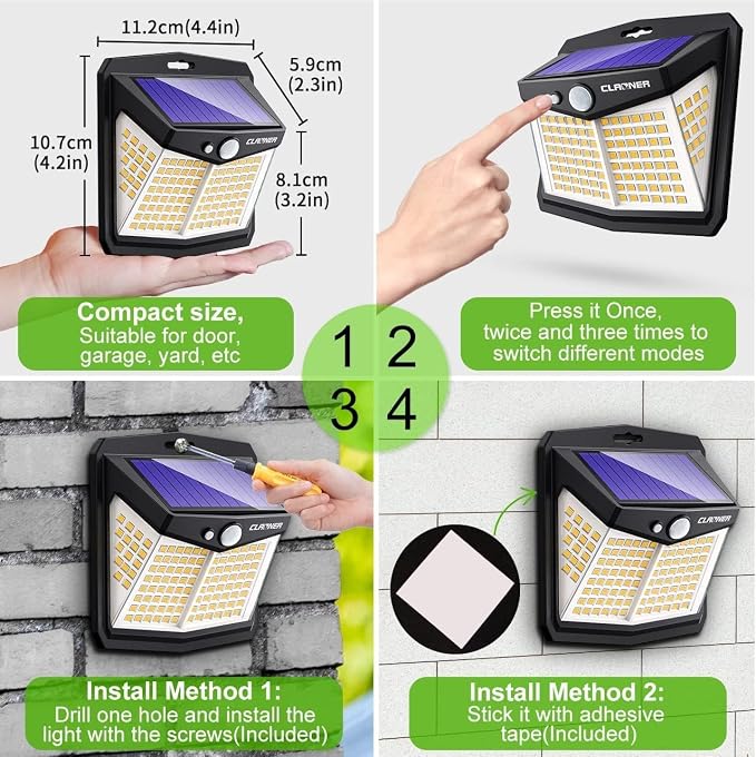 CLAONER Solar Lights Outdoor, [128 LED/10 Packs] Motion Sensor Lights 3 Working Modes for Outdoor with 270° Wide Angle Wireless IP65 Waterproof Security Light for Fence, Patio, Warm White