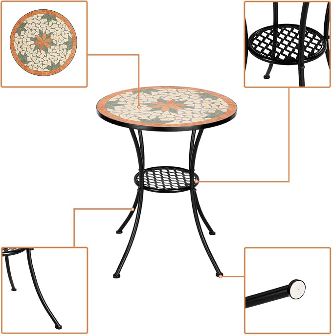 VINGLI Garden Patio Mosaic Table, Outdoor Bistro, Black Iron Frame, 23.6" Round End Table, Accent Table (Does not Include Chairs)