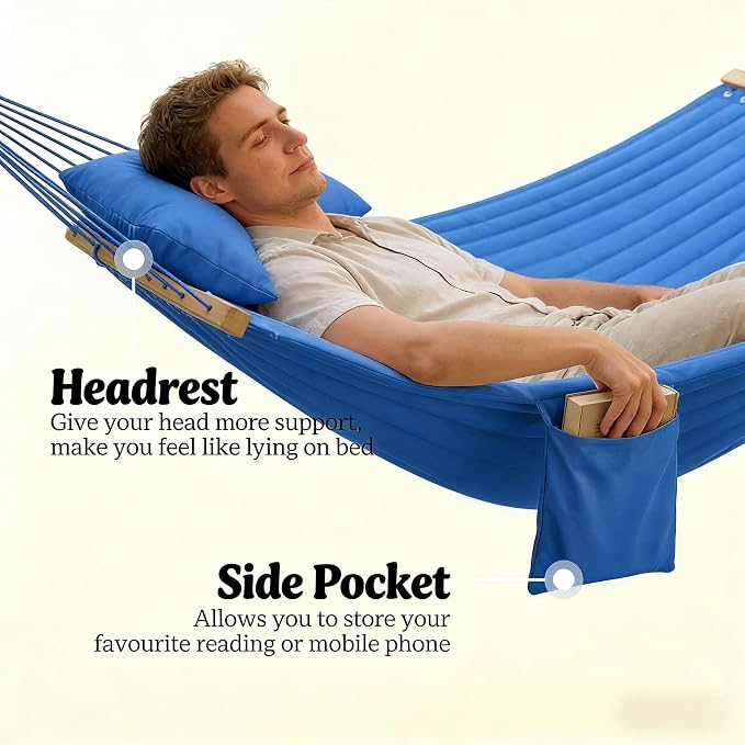 11FT Hammock Without Stand for Outside, Large Patio Hammock with Removable Headrest & Side Pocket, Two Person Hammock with Spreader Bars for Garden, Balconies, 440LBS Capacity (Navy Blue)