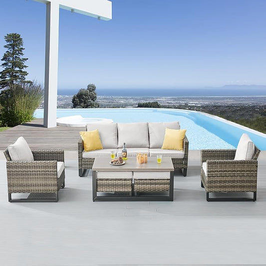 Belord 6 Piece Outdoor Furniture Patio Wicker Sofa Set, Oversize Outdoor Dining Chairs with Rattan Ottomans, Conversation Sets Patio Furniture Come with Removable Washable Cushion Beige
