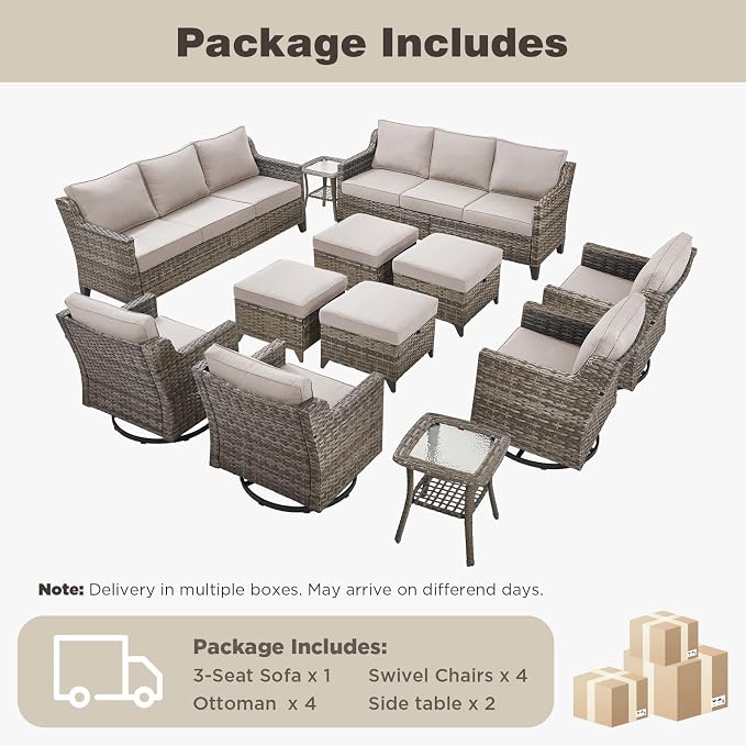 Belord Patio Wicker Swivel Rocker Patio Chairs with 3-Seater Sofa, Outdoor Rattan Chairs for Deck Porch Poolside, 12 Piece Patio Conversation Furniture Set,Beige