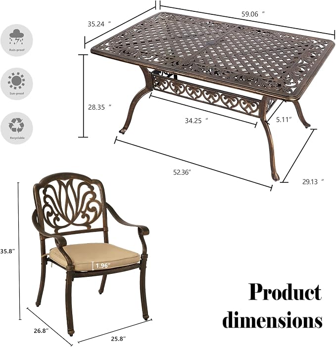 TITIMO 7-Piece Cast Aluminum Patio Dining Set, Outdoor Dining Furniture Patio Conversation Set, Rectangular Table w/Umbrella Hole for Backyard Deck Poolside (Khaki-Fixed Elizabeth Chair, 7 Pcs)