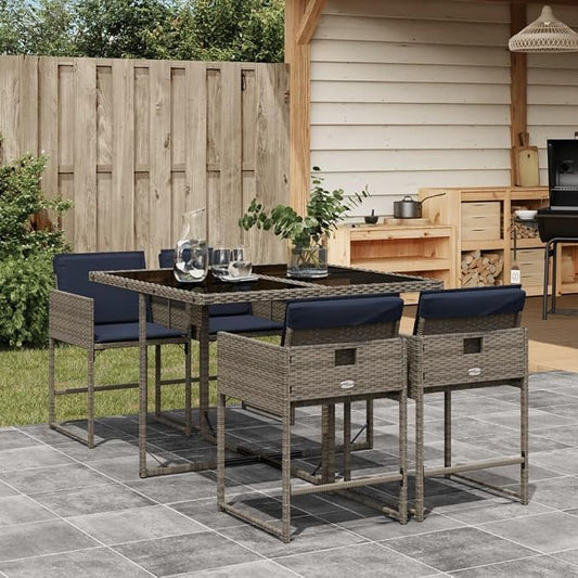 5 Piece Garden Dining Set with Cushions Grey Poly Rattan Outdoor Patio Furniture Table and 4 Folding Chairs with Removable Washable Cushion Covers UV Resistant Tempered Glass Top for Backyard