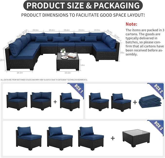 Rattaner 9 Pieces Outdoor Sectional All-Weather Wicker Patio Furniture Set Patio Sectional and Glass Patio Table Non-Slip Cushions and Waterproof Covers, Navy Blue