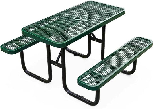 4ft Rectangular Picnic Table – Heavy-Duty Metal Mesh Outdoor Dining Table, Thermoplastic Coated Steel, Outdoor Living, Parks & Schools (Green, 4ft)