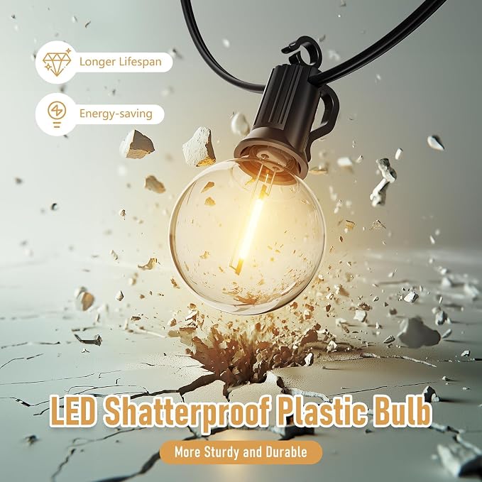 Brightown Outdoor String Lights Hanging Globe Patio Lights with 50 G40 Shatterproof Bulbs(2 Spare), IP44 Waterproof Connectable Commercial 50 Hanging Light for Indoor Outdoor Decor