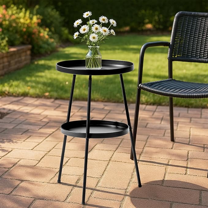 2-Tier Round Outdoor Side Table, Small Metal End Table for Indoor & Outdoor, Nightstand, Coffee Table, Plant Stand for Living Room, Bedroom, Patio & Balcony (Black)