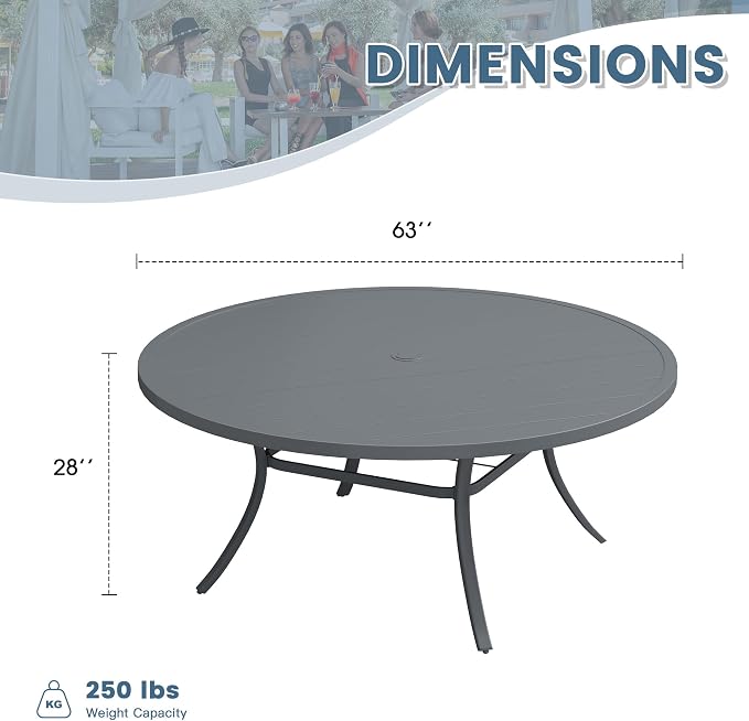 DIFY 63" Round Outdoor Patio Dining Table for 8-10, Metal Patio Table with 1.57" Adjustable Umbrella Hole, All-Weather Outdoor Furniture Table for Garden Backyard Deck, Grey
