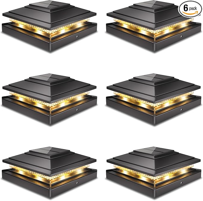 Post Caps Lights Outdoor 6pack, Waterproof Fence Post Solar Lights for 4x4 5x5 6x6 Wood/Vinyl Posts, Black Solar Deck Post Lights with 2 Color Modes Decorate Garden Patio Porch Backyard