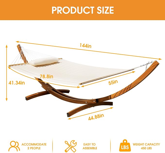 Lazy Daze Hammocks 12 FT Double Quilted Hammock with Wood Grain Curved Steel Stand for Outside, Backyard, Patio, 450 Lbs Capacity, Cream