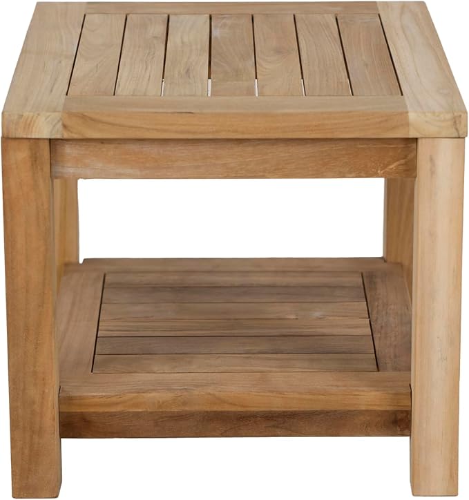 Teak Wood Side Table with Storage, Indoor and Outdoor Wooden Furniture for Deck, Porch, Balcony, Living Room, Bedroom and Backyard (18" D x 18" W x 16" H)
