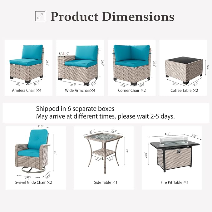 16 Pieces Patio Furniture Set with Fire Pit Table, Outdoor Sectional Wicker Sofa with Thick Cushions, High Back Swivel Rocker Patio Chairs, Rattan Conversation Set with Coffee Table, Cyan