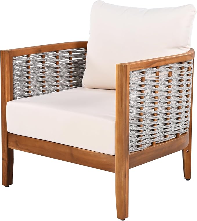 Merax 4 Pieces Acacia Wood Patio Furniture Set, Outdoor Woven Rope Conversation Sets with 1 Loveseat, 2 Chairs and Round Table for Backyard, Porch, Garden, Deep Seating & Soft Cushions, Teak+Beige