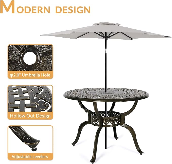 5-Piece Outdoor Patio Dining Set, All-Weather Cast Aluminum Patio Furniture Set for Backyard Garden Deck with 4 Chairs, 4 Cushions and 38.5" Round Table, 2" Umbrella Hole, Navy