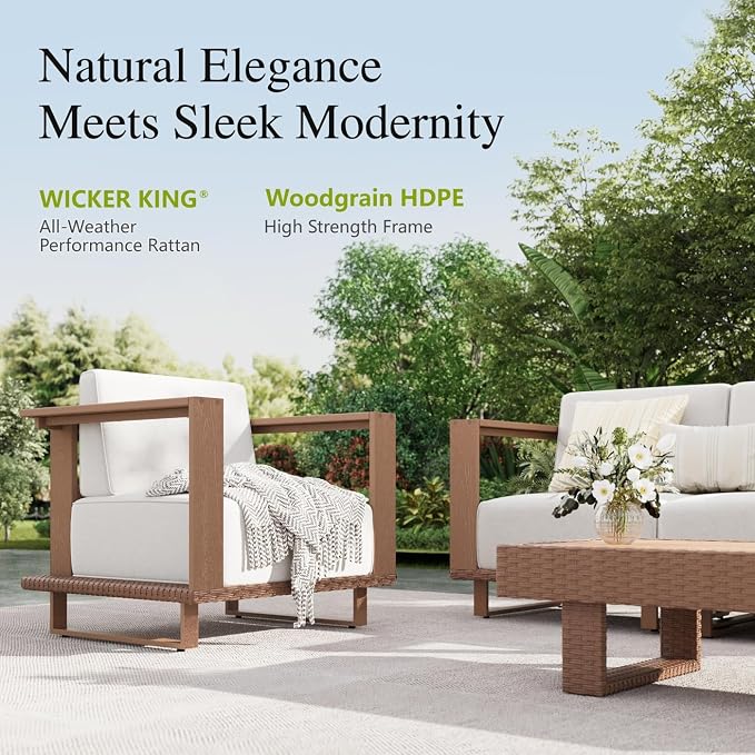 Sophia & William HDPE Patio Furniture Set，Modern Outdoor Sectional Sofa Set with 9.8" Cushions and 43.5" Wood Grain Coffee Table, Deep Seating Outdoor Conversation Set for Backyard(Beige, 5 Pieces)
