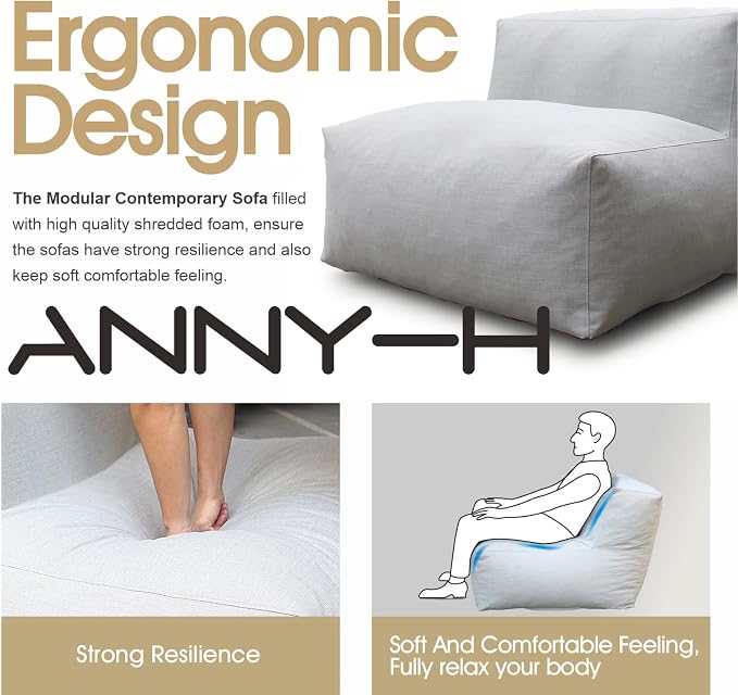 ANNYH Modern Calaluna 5Pc Patio Garden Furniture Sectional Conversation Set Combines 2Middle 2Corner 1Ottoman/CoffeeTable -Exp Foam Filling Chairs - UNIQUE Modular Contemporary Sofa (Cloud Gray)