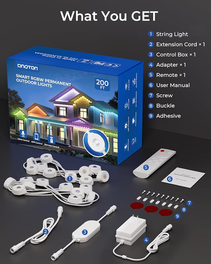 CINOTON Permanent Outdoor Lights 200ft, Smart RGBW+IC Eaves Lights with 120LEDs, IP67 Waterproof, 111 Scene Modes for Daily and Festival, Halloween Christmas Holiday Decor, APP/Voice/Remote Control