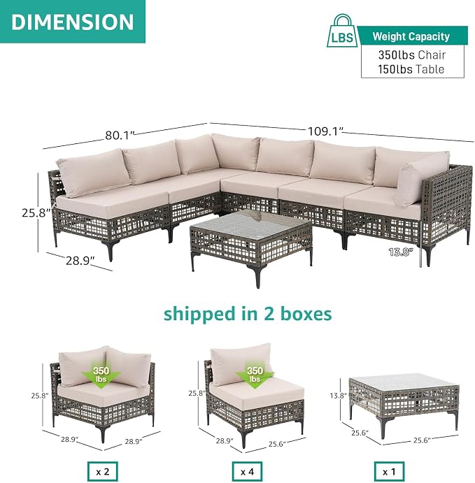 Patiorama 7 Piece Wicker Patio Furniture Set, Metal-Colored PE Rattan Outdoor Conversation Set Sectional Sofa with Water Resistant Cushion and Glass Table, Outdoor Couch, Porch, Backyard-Sand Beige