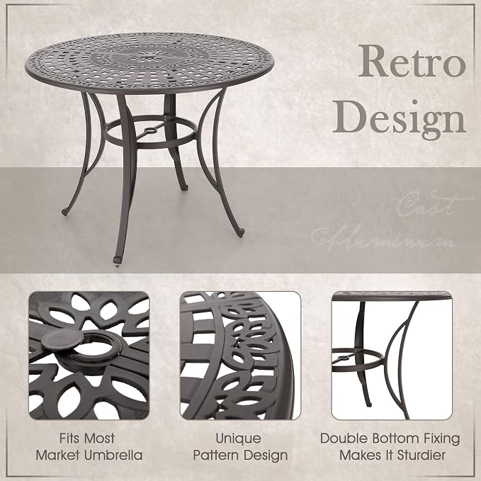 MFSTUDIO Cast Aluminum 54" Outdoor Bar Height Table, Round Patio Dining Table, Metal Patio Bistro Table with Umbrella Hole, Retro Design Outdoor Dining Table for 4-6