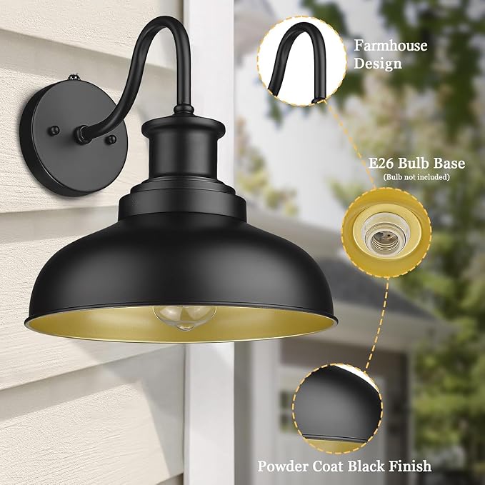 Dusk to Dawn Outdoor Barn Lights Outdoor Wall Sconces Farmhouse Exterior Wall Mount Light Vintage Outside Lighting Fixture Industrial Black Lanterns for Porch Garage Shed Patio, 2 Pack