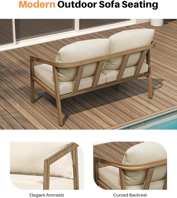 Teak Outdoor Patio Loveseat, Never-Rust Aluminum Outdoor Loveseat Couch with Thick Cushions, Modern 2-Seater Patio Sofa Bench, Outdoor Sofa Loveseat Furniture for Deck, Poolside