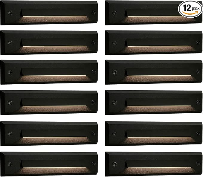 12 Pack Low Voltage 9-15V AC/DC LED Linear Step Lights, 2W Landscape Cutoff Stair Riser Light, Outdoor Waterproof Accent Lighting Fixtures, Die-cast Aluminum, Black Powder Coated Finish