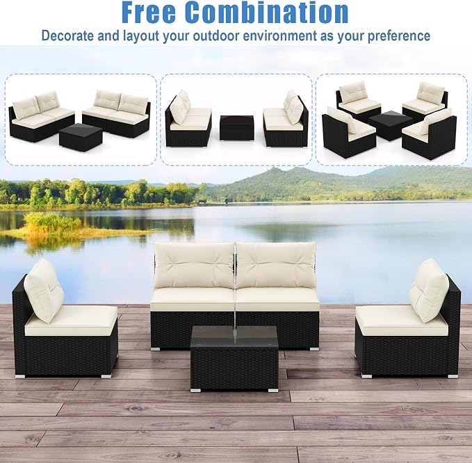 DORTALA 5 Piece Wicker Patio Furniture Set, PE Rattan Outdoor Sectional Conversation Set with Tempered Glass Coffee Table, 4 Chairs for Deck, Backyard, Poolside, Off White