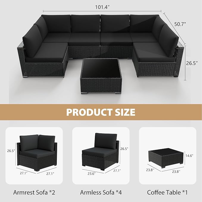 KIGOTY 7-Piece Patio Furniture Set, All-Weather PE Rattan Outdoor Sectional Sofa, Modular Wicker Conversation Set with Thick Washable & Easy-Clean Coffee Table（Black/Black-X）