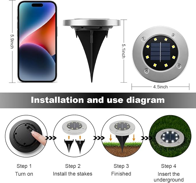 OULONGER 4.6inch Solar Ground Lights 16Packs, Garden Solar Outdoor Waterproof Pathway Bright In-Ground Landscape Lights for Patio, Lawn, Yard, Driveway, Step and Walkway(White Light)