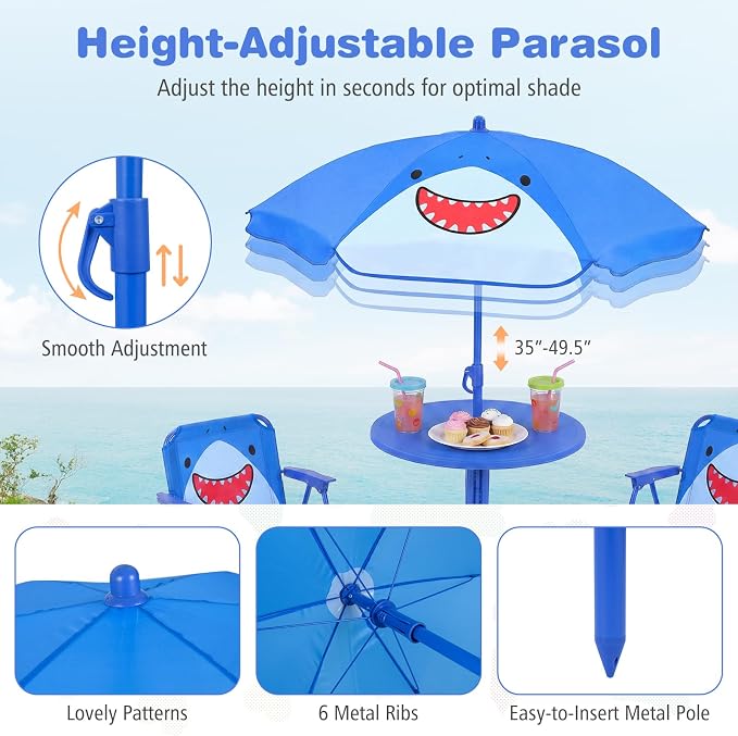 KOTEK Kids Picnic Table with Umbrella, Outdoor Table & 2 Folding Chairs, Cute Pattern Children’s Patio Furniture, Portable Kids Table and Chair Set for Backyard, Garden, Beach (Blue Shark)