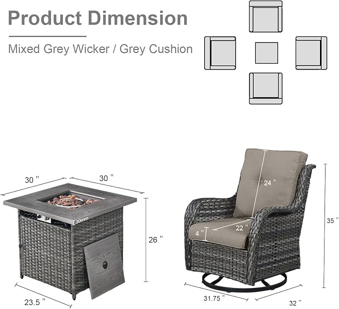 Belord Patio Furniture Set with Fire Pit Table, Outdoor Swivel Rocker Patio Chairs, Wicker Furniture Set Ideal for Porch, Deck, Pool, Yard, SunroomGray Wicker/Gray