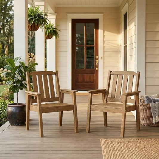 IDEALHOUSE Outdoor Patio Dining Chairs Set of 2, Heavy Duty HDPE Garden Seating with Sturdy Weather-Resistant Frame, Comfortable Wide Seat and Back, Waterproof for Backyard or Poolside, Brown