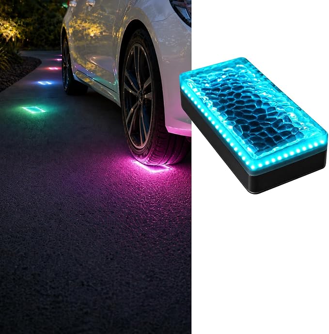 4x8 Solar Ground Lights, 12-Color Paver Light, RGB-W, 1Pack | Outdoor Waterproof, Recessed Lighting Bricks, Color Changing, Driveway, Pathway, Landscape, Heavy Duty, Car Weight Bearing