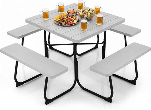 POWERSTONE Picnic Tables with Benches for 8, Outdoor HDPE Picnic Table with Umbrella Hole, Heavy Duty 35" Portable Dining Set Camping Table for Backyard, Patio, Park(Grey)