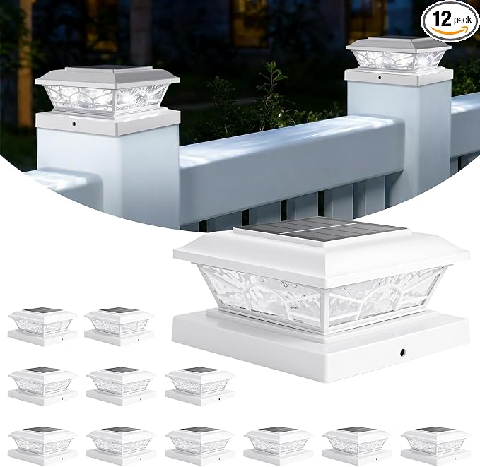 4x4 3.5x3.5 Solar Post Cap Lights 12-Pack White | 2 Modes (Warm/Cool White), 16LEDs, for Wooden/Vinyl Posts, IP65 Waterproof, Outdoor, for Fence, Deck, Patio, Yard, Porch