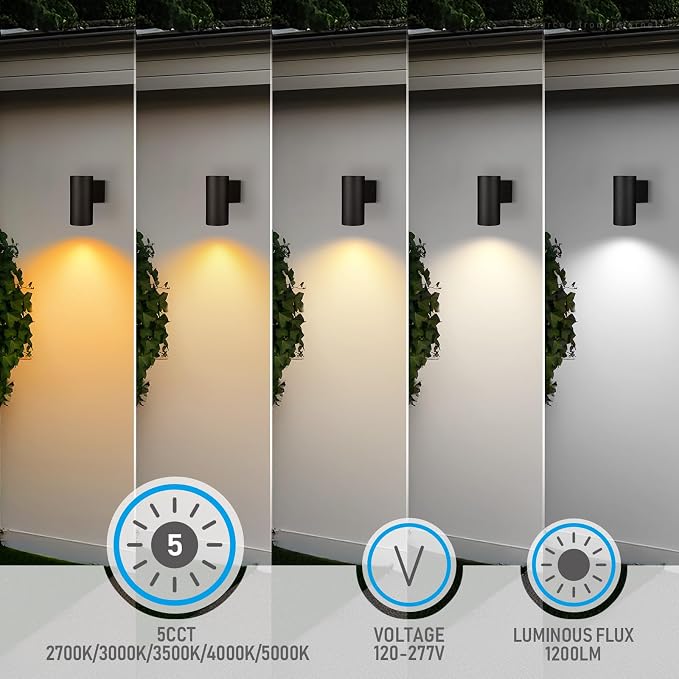 LEONLITE 2-Pack 12 Inch 5CCT Integrated Cylinder LED Down Light Outdoor | 2700K/3000K/3500K/4000K/5000K, 100V-277V, 15W, Aluminum Wall Sconce, IP65, ETL Listed, Exterior Light Fixture Wall Mount