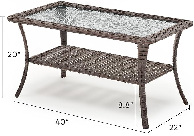 Patio Coffee Table for Outdoor Furniture Set - 2-Tier Storage Wicker Side Tables with Smooth Clear Tempered Glass Tabletop for Outside Wicker Rocking Swivel Chairs in Porch Deck Yard - Brown