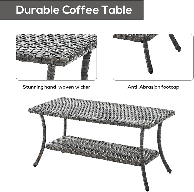 Rilyson Patio Tables Outdoor Coffee Table - Wicker Rattan Coffee Tables with 2-Tier Storage Shelf Side Table for Porch Deck Balcony Garden Outside Rectangle Mixed Grey