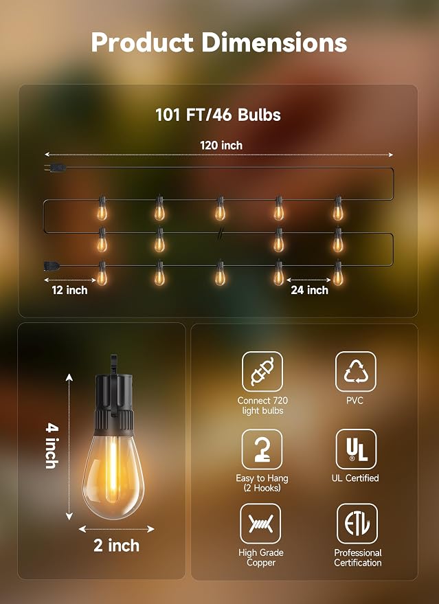 Minetom 101FT Outdoor String LED Patio Lights Waterproof,Shatterproof S14 Vintage Edison Bulbs,Commercial Grade Outside Hanging Lights Waterproof for Porch Deck Garden Backyard Balcony Cafe Bistro