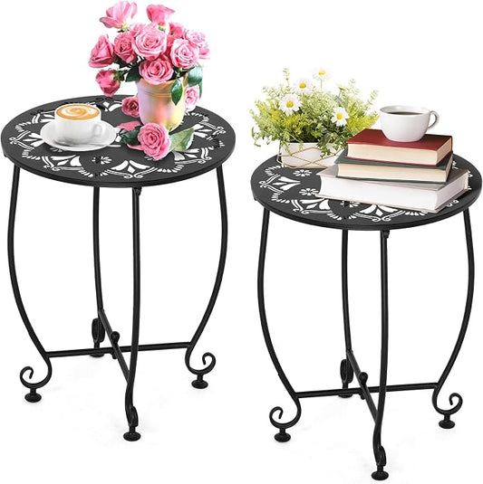 2 Pack 14Inch Outdoor Side Tables for Patio, Weather Resistant Steel Patio Side Table, Small Round Outdoor End Table Metal Side Table for Patio Yard Balcony Garden Black (Flowers)