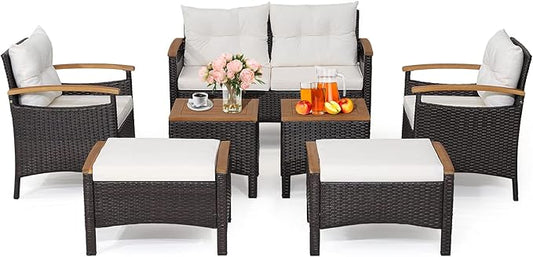 Tangkula 7 Pieces Patio Rattan Sofa Set, Outdoor Wicker Conversation Set w/Seat & Back Cushions, 2 Ottomans & 2 Coffee Tables, Acacia Wood Tabletop & Armrests, Wicker Sofa Set for Backyard, Poolside