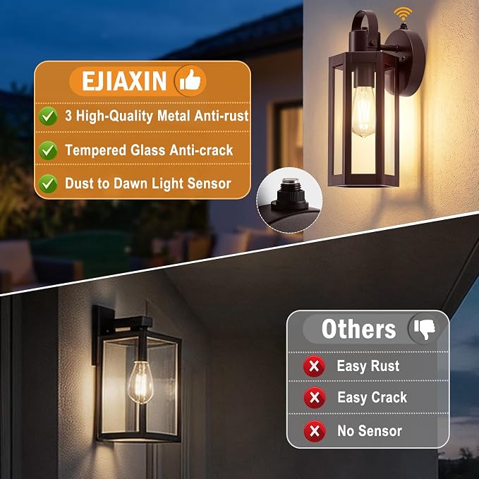 EJIAXIN 2 Pack Dusk to Dawn Outdoor Lighting Fixtures,Brown Porch Lights | 13" Waterproof outdoor lights for house, Clear Glass, Modern Outdoor Lights for House for Patio Front Door Entryway Garage
