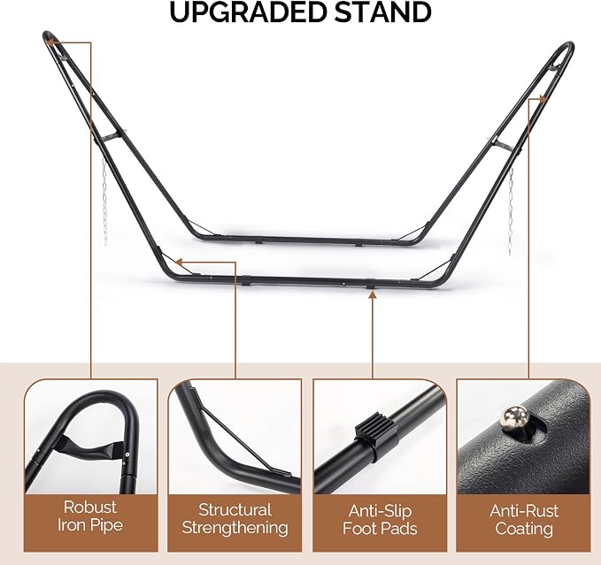 Double Hammock with Stand 450 LBS Capacity Steel Stand, Heavy Duty Outdoor Hammock for Patio, Garden Yard, Backyard, Beach (Beige)